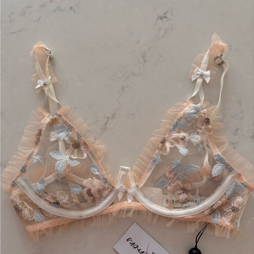 For Love And Lemons Cream and Blue Lace Bra
